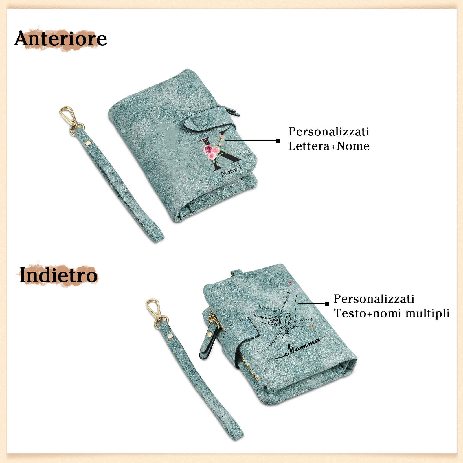 Portafoglio mano nella mano in PU pelle con 6 nomi & 1 testo & 1 lettera personalizzati per mamma
