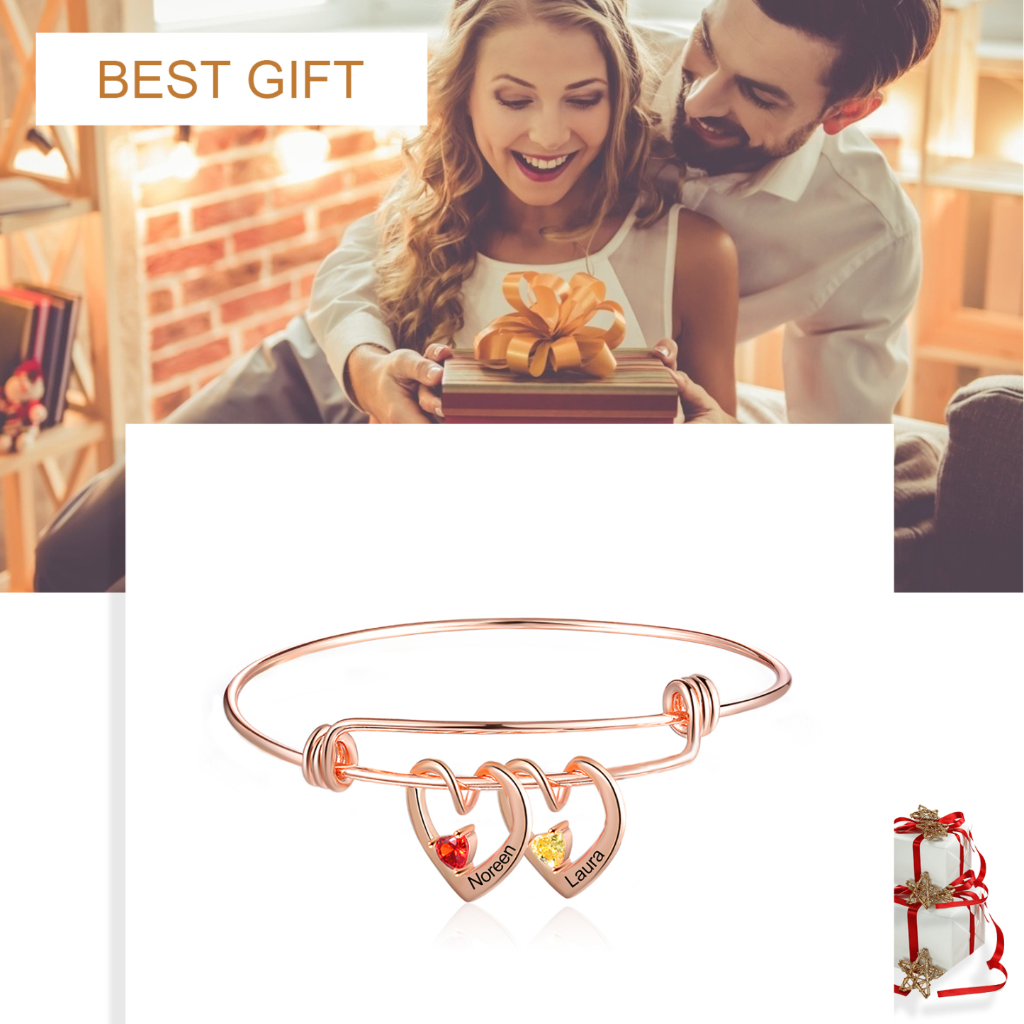 Bracciale con 2 nomi personalizzati e 2 pietre di nascita