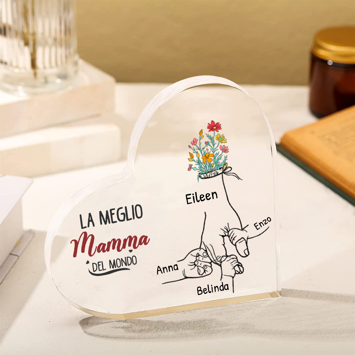 Targa Personalizzata in Acrilico a Forma di Cuore con Albero Genealogico – Con 1-7 Nomi & fiore Personalizzabili - Regalo per la Mamma 