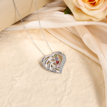 Argento S925 Collana con 6 nomi personalizzati e 6 pietre di nascita in ciondolo a cuore