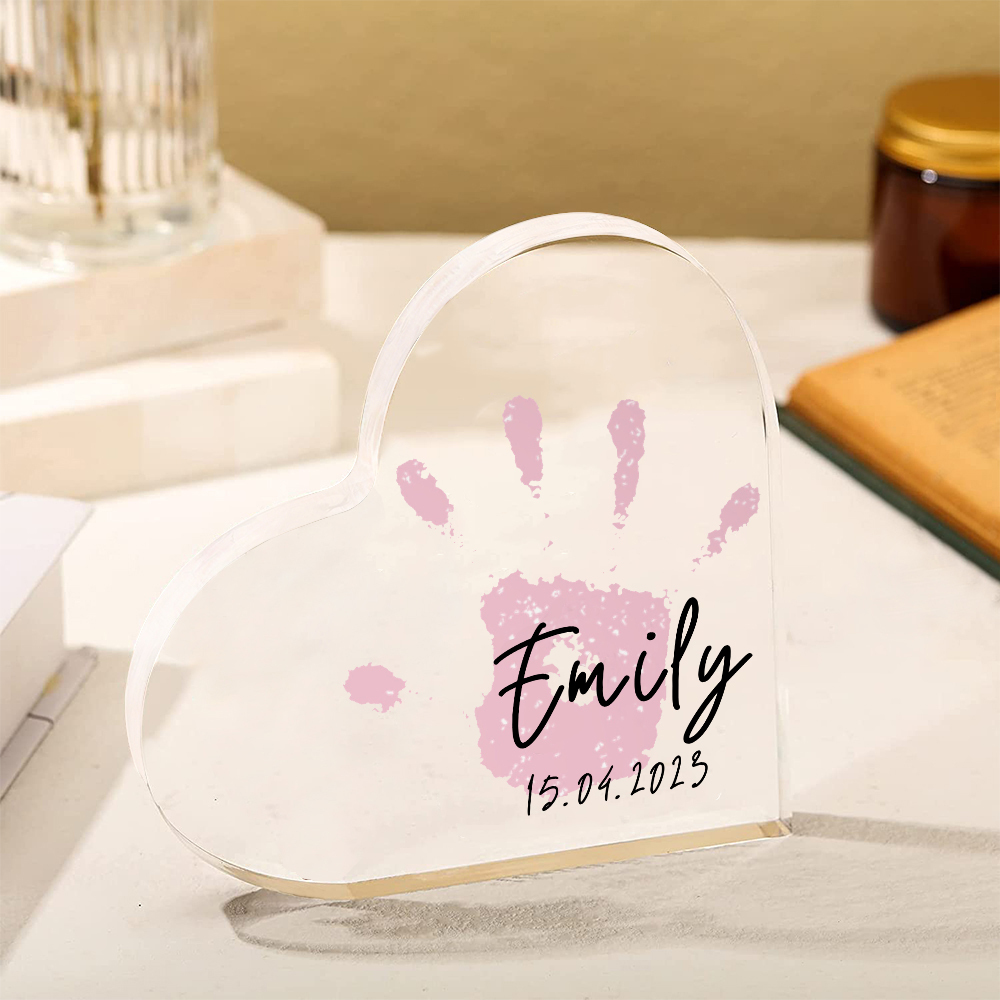 Decorazione acrilica impronta di mano a forma di cuore 1 nome e 1 data personalizzati