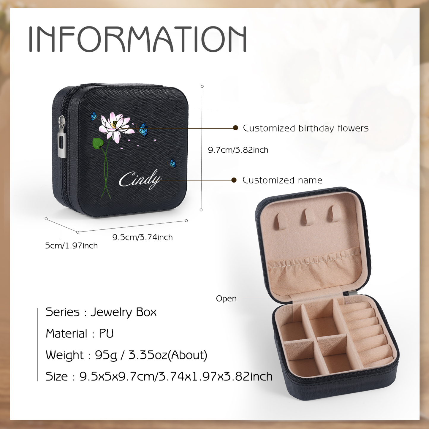 Square Jewelry Storage Photo Box-Personalised 1 Name Customized Birthflower Storage Box In Various Colors