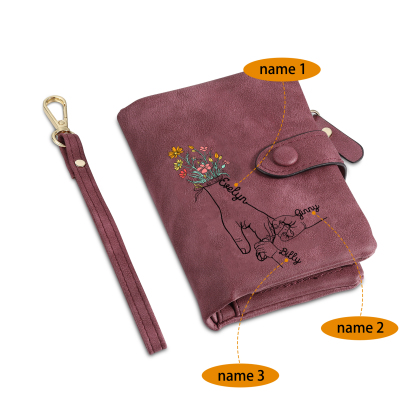 Portafoglio in PU pelle fiore mano con 3 nomi personalizzati per mamma/nonna