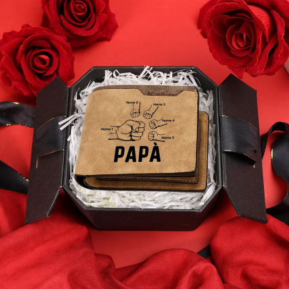 Portafoglio Pelle PU pelle pugno mano regalo per papà personalizzato 5 nomi 1 testo e 1 foto