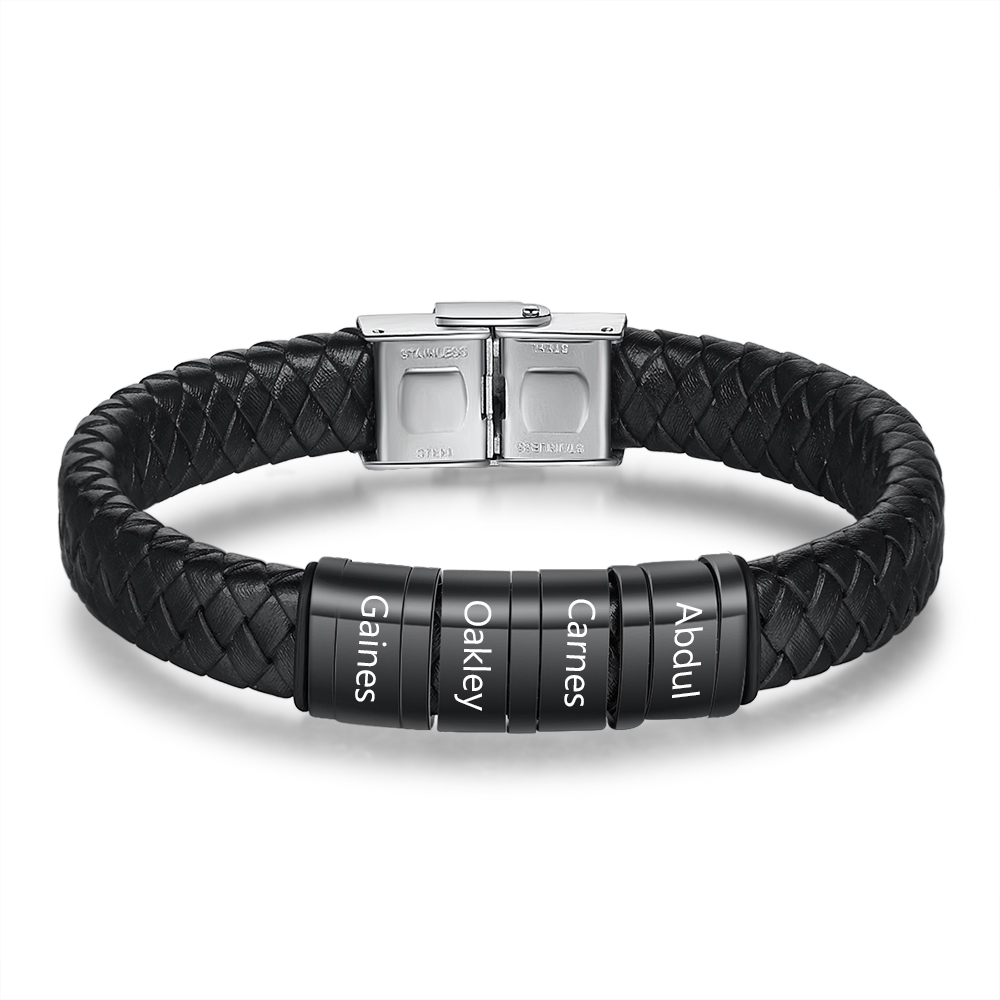 Braccialetto in pelle intrecciata Bracciale maschile con 4 perline e 4 nomi personalizzati