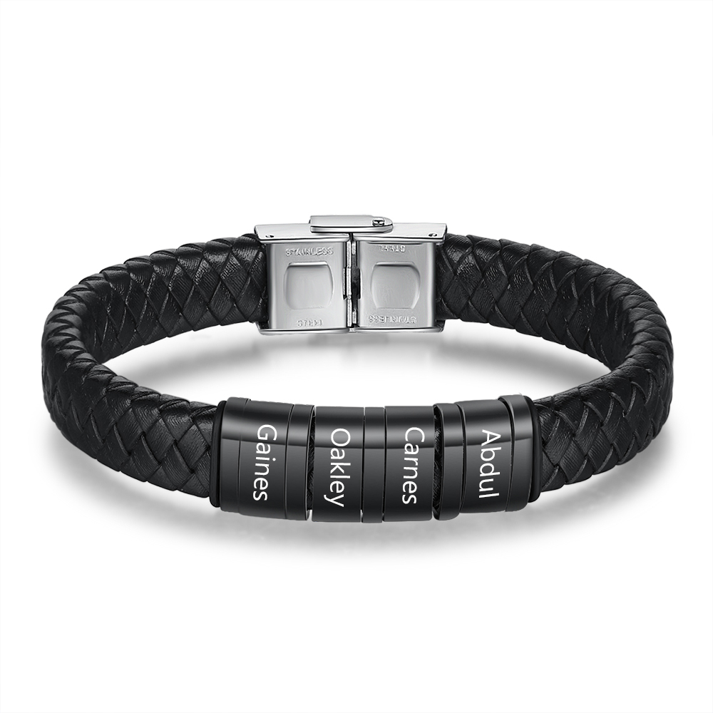 Braccialetto in pelle intrecciata Bracciale maschile con 4 perline e 4 nomi personalizzati