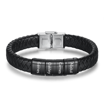 Braccialetto in pelle intrecciata Bracciale maschile con 4 perline e 4 nomi personalizzati