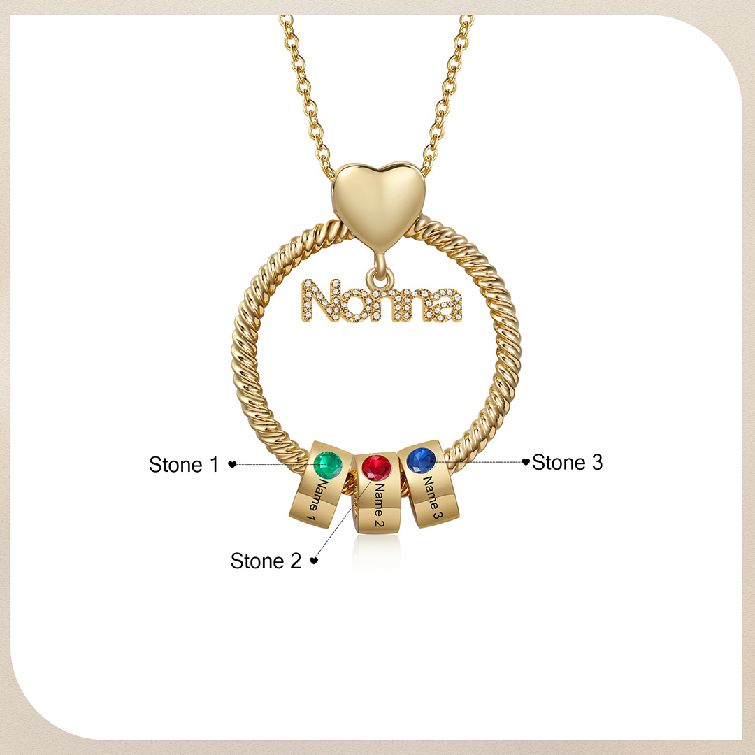 Collana con ciondolo nonna 3 nomi incisioni e pietre di nascita personalizzate