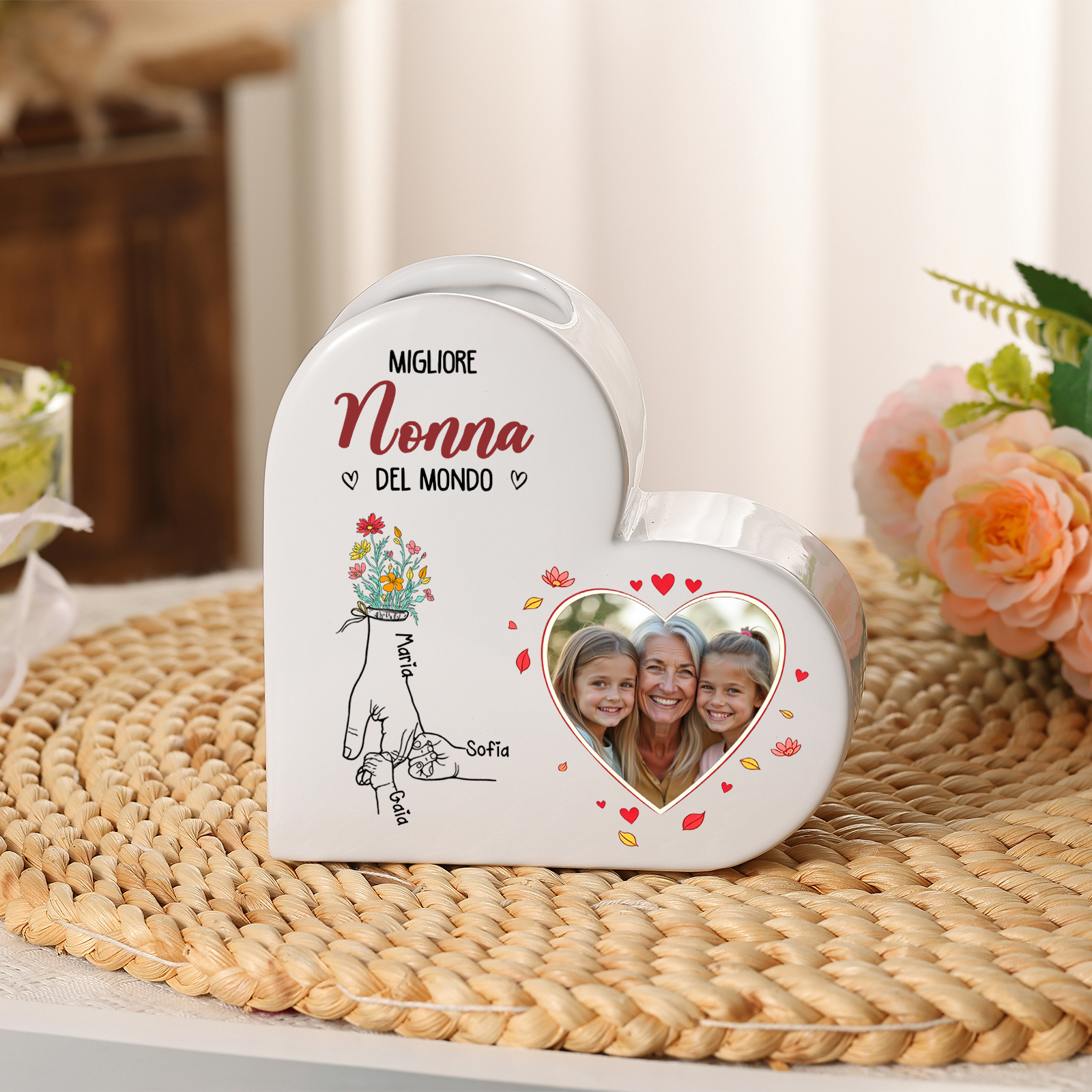 Vaso in ceramica a forma di cuore personalizzato con 1–6 nomi, 1 foto, regalo per la Festa della Mamma, compleanno per mamma e nonna | Jessemade