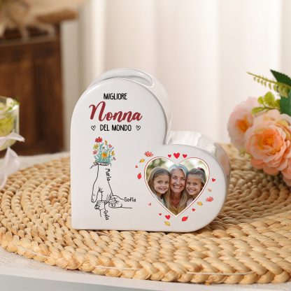 Vaso in ceramica a forma di cuore personalizzato con 1–6 nomi, 1 foto, regalo per la Festa della Mamma, compleanno per mamma e nonna | Jessemade