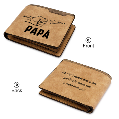 Portafoglio Pelle PU pelle pugno mano regalo per papà personalizzato 2 nomi 1 testo e 1 foto