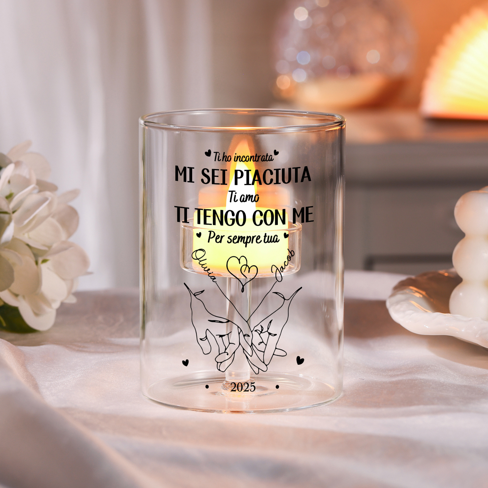 Portacandela in vetro personalizzato e personalizzabile, regalo ricordo romantico per anniversario o matrimonio, per un partner o una coppia | Jessemade