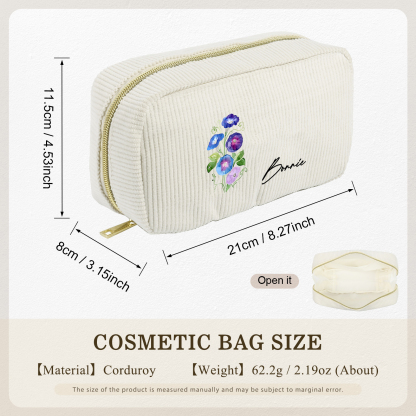 Borsa portabile per cosmetici in velluto a coste 1 nome e 1 fiore di nascita personalizzato multicolori da scegliere