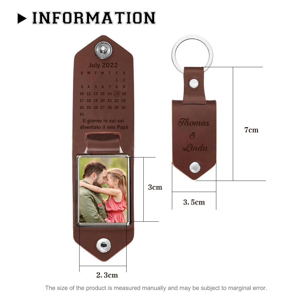 Portachiavi Pelle 1 foto e 1 data e 2 nomi personalizzabili regalo per Papà