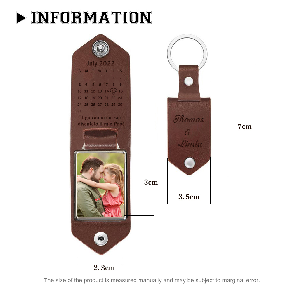 Portachiavi Pelle 1 foto e 1 data e 2 nomi personalizzabili regalo per Papà