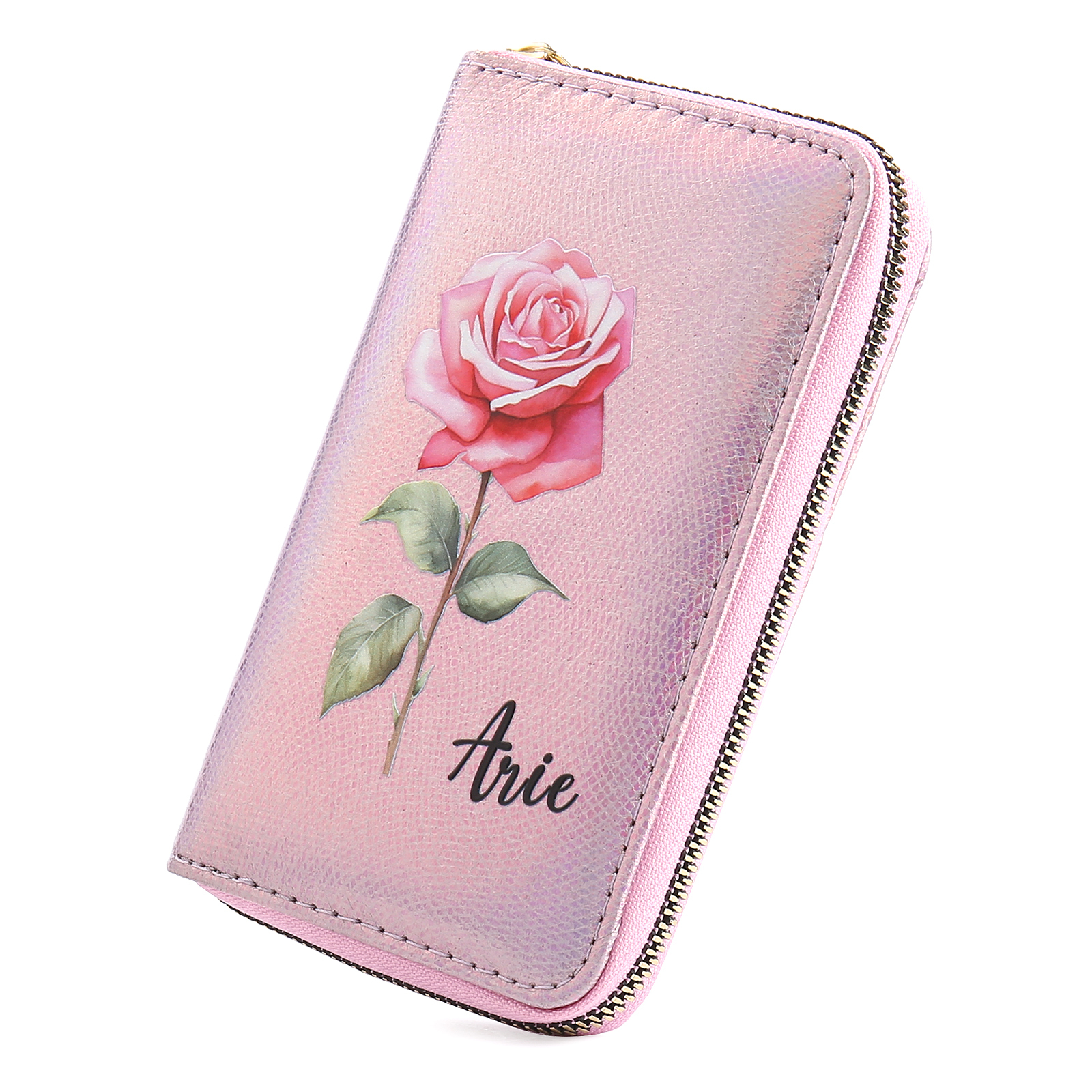 Portafoglio in PU pelle con 1 fiore di nascita & 1 nome personalizzati per mamma/nonna