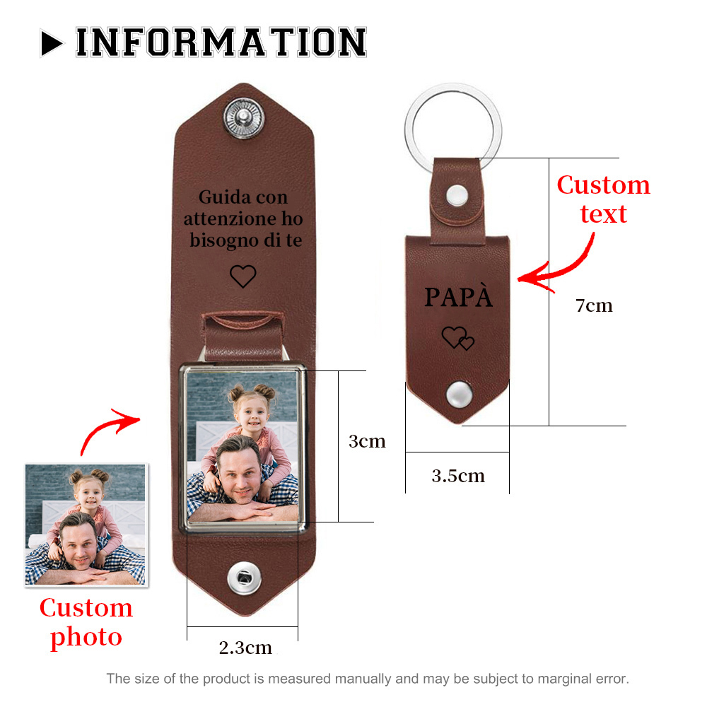 Guida con attenzione-Portachiavi Pelle 1 foto e 1 testo personalizzabili per Papà