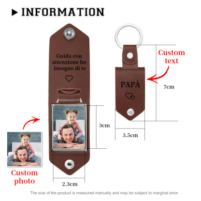 Guida con attenzione-Portachiavi Pelle 1 foto e 1 testo personalizzabili per Papà