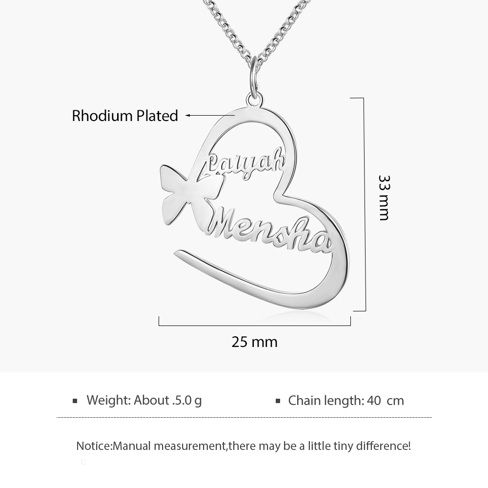 Argento s925 Collana con 2  nomi personalizzatIi e 2 nomi Farfalla