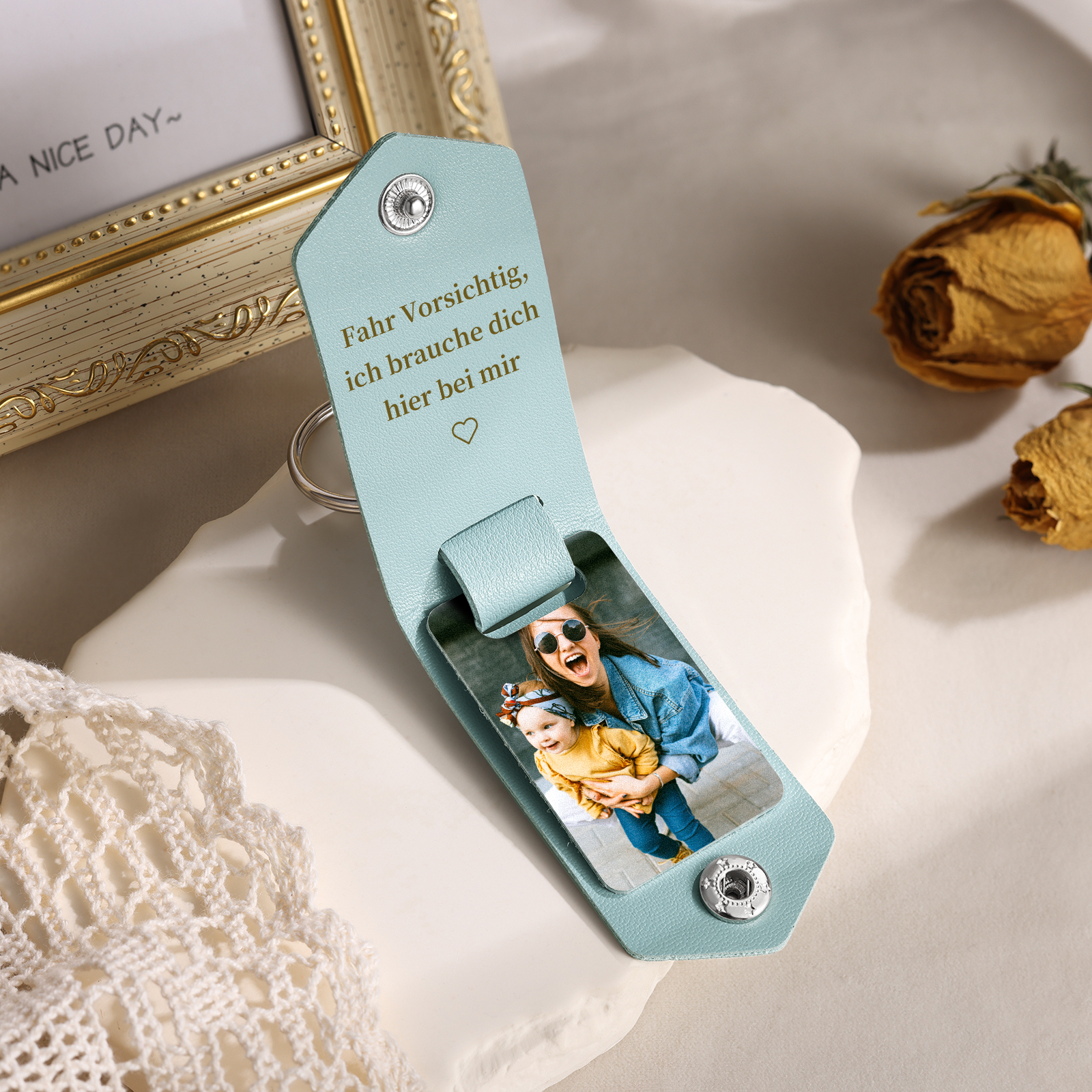 Portachiavi azzurro in Pelle 1 foto e 2 testi personalizzati per mamma