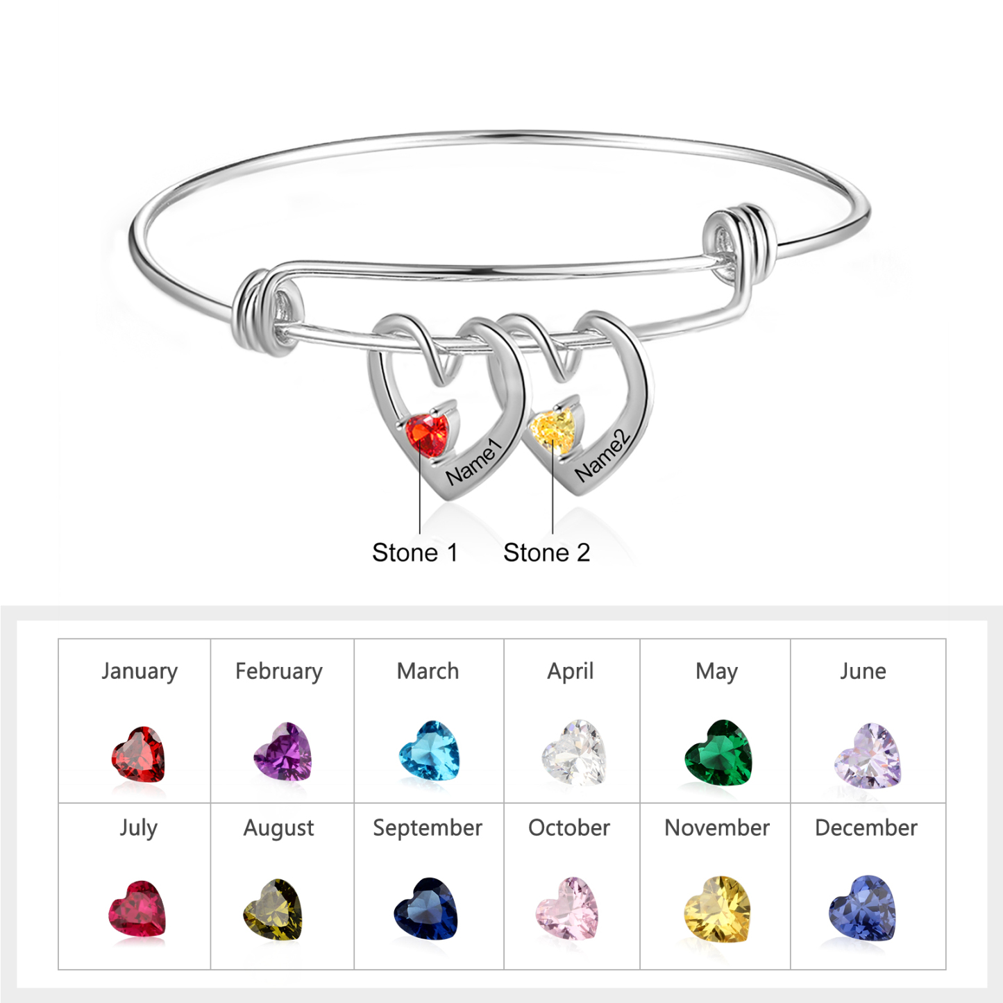 Bracciale con 2 nomi personalizzati e 2 pietre di nascita