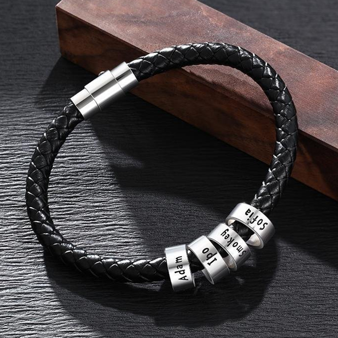 Braccialetto in pelle intrecciata Braccialetto maschile di nome personalizzato con 4 perline