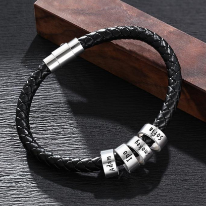 Braccialetto in pelle intrecciata Braccialetto maschile di nome personalizzato con 4 perline