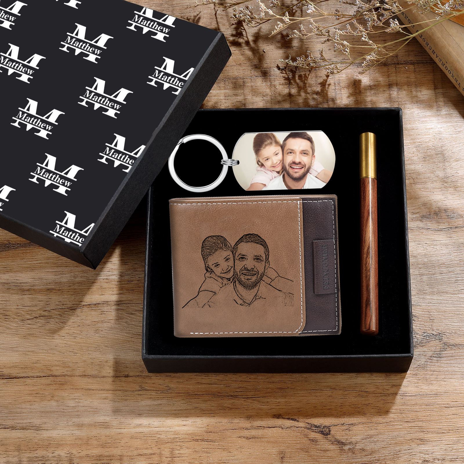 Photo Personalized Leather Wallet Gift Box Set with Keychain Customizable 2 Text, 1 Name and 1 Letter Wallet Gift for Him