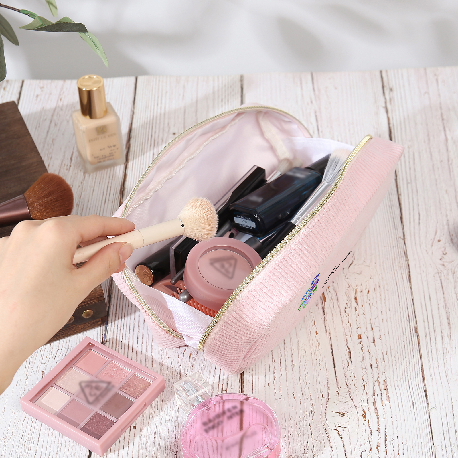 Borsa portabile per cosmetici in velluto a coste 1 nome e 1 fiore di nascita personalizzato multicolori da scegliere