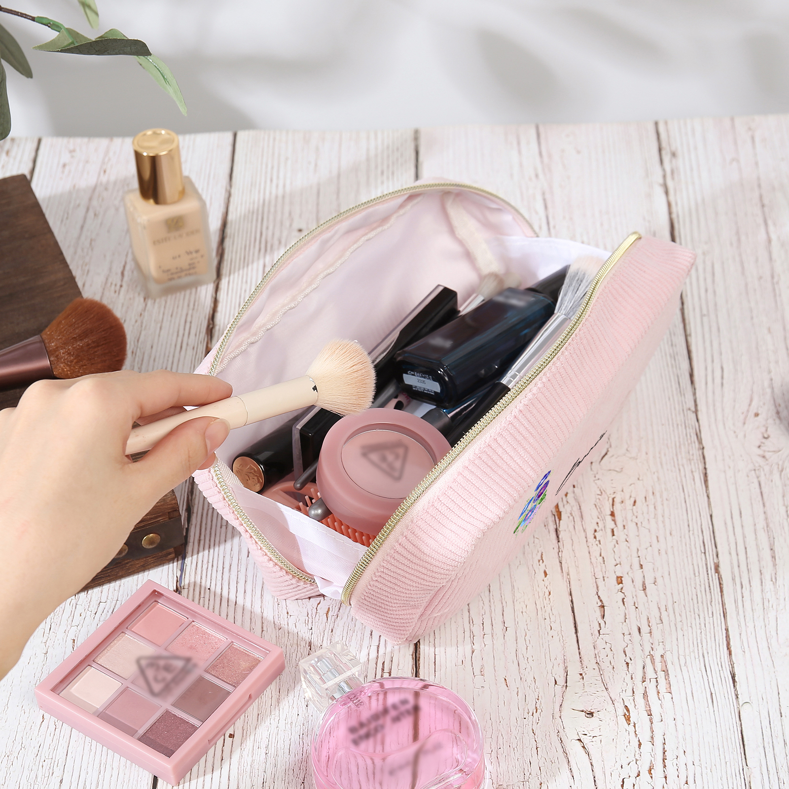Borsa portabile per cosmetici in velluto a coste 1 nome e 1 fiore di nascita personalizzato multicolori da scegliere