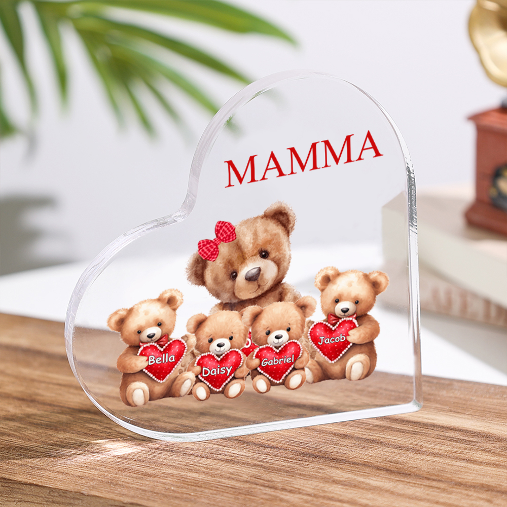 Targa acrilica personalizzata a forma di cuore - Orsi - con 1-8 nomi e 1 testo- Regalo per la mamma