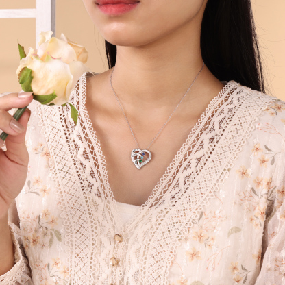 Argento S925 Collana con 3 nomi personalizzati e 3 pietre di nascita in ciondolo a cuore