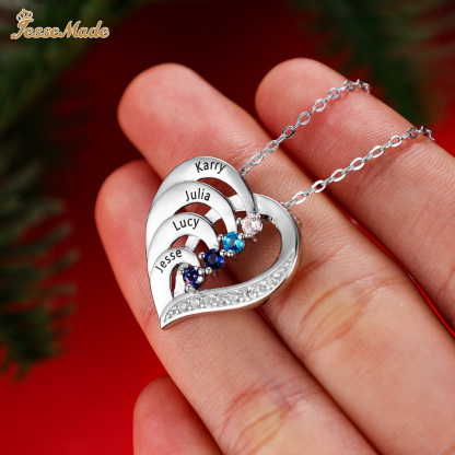 Argento S925 Collana con 6 nomi personalizzati e 6 pietre di nascita in ciondolo a cuore