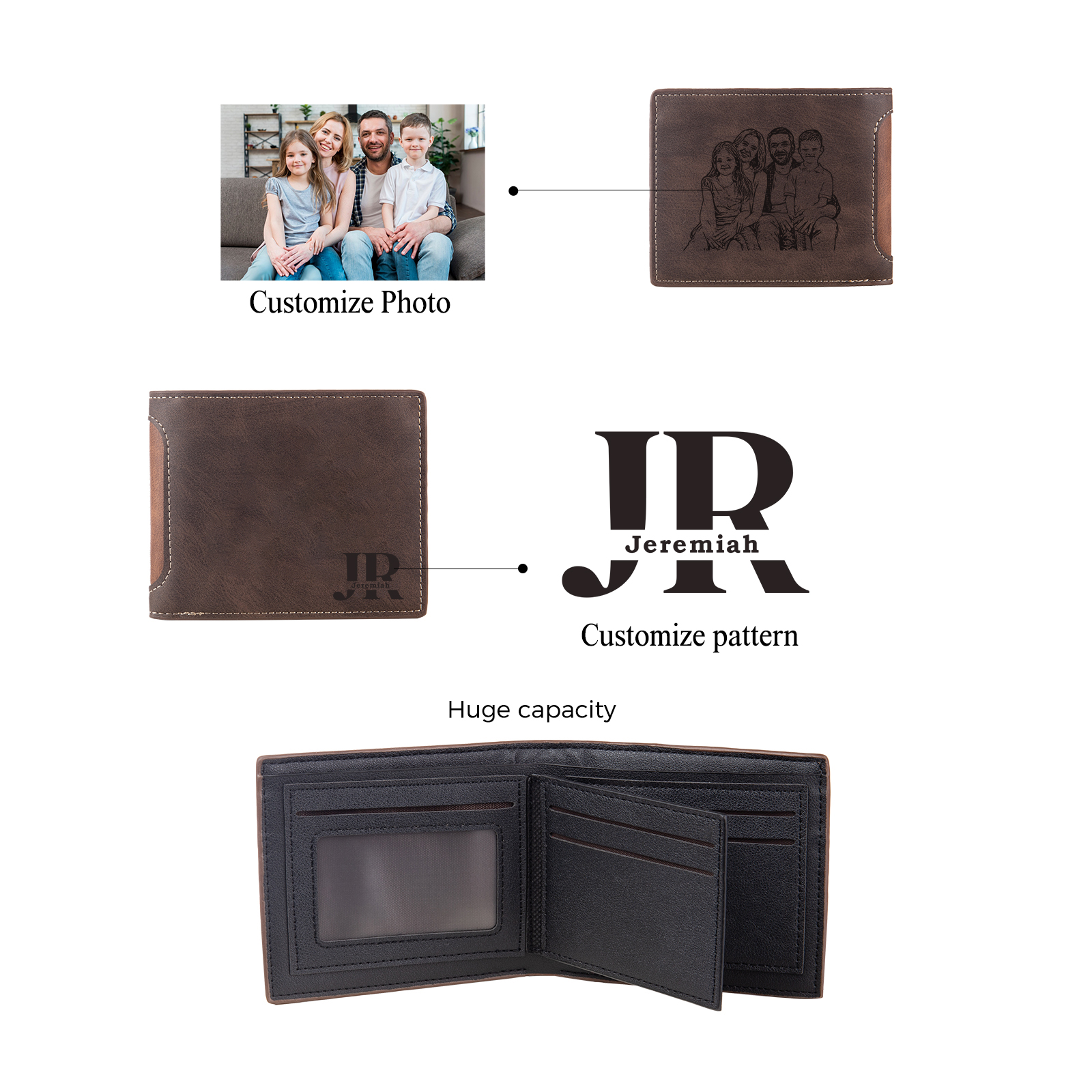 Portafoglio bifold in pelle personalizzato con foto incisa e nome o iniziali