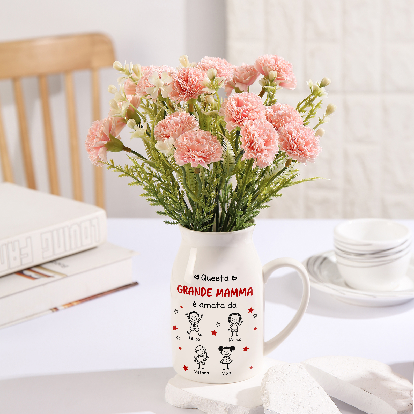 Vaso in ceramica personalizzato per nonna o mamma, con da 1 a 10 nomi e statuine di bambini personalizzate