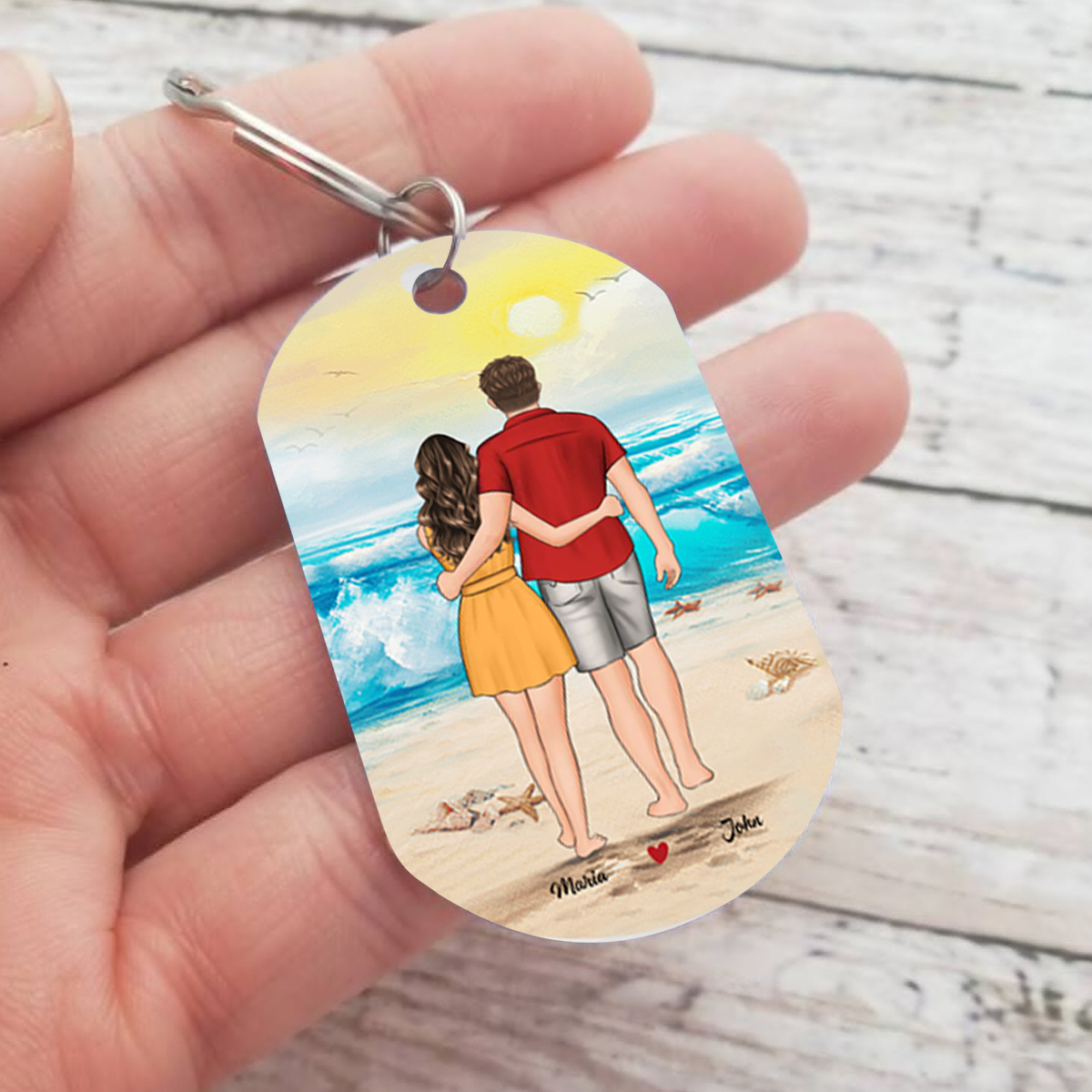 Portachiavi Personalizzato con 2 Nomi e Personaggi - Design Spiaggia "Ogni Storia d’Amore È Bella, Ma la Nostra È la Mia Preferita", Regalo di San Valentino per Lei/Lui | Jessemade