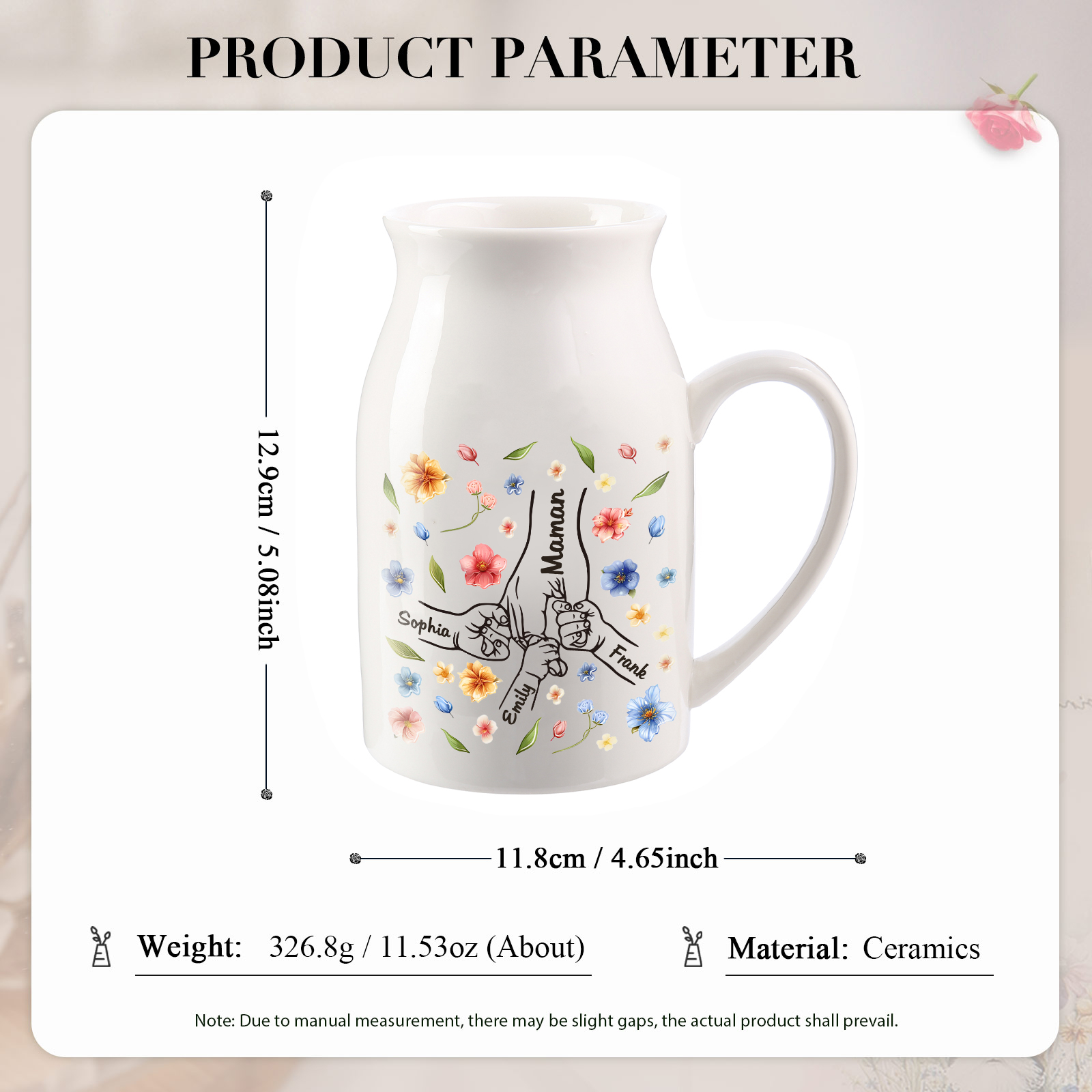 Vaso di ceramica con mano nella mano 4 nomi personalizzati per nonna/mamma