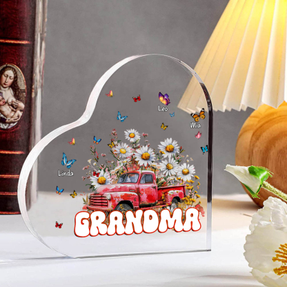 Test-Mamma-Decorazione acrilica con fiori e macchina 3 nomi e 1 testo personalizzati per mamma/nonna