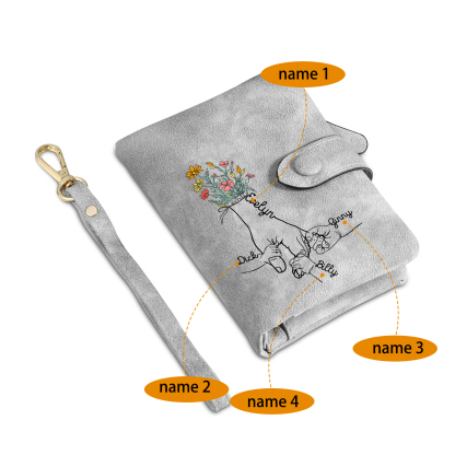 Portafoglio in PU pelle fiore mano con 4 nomi personalizzati per mamma/nonna