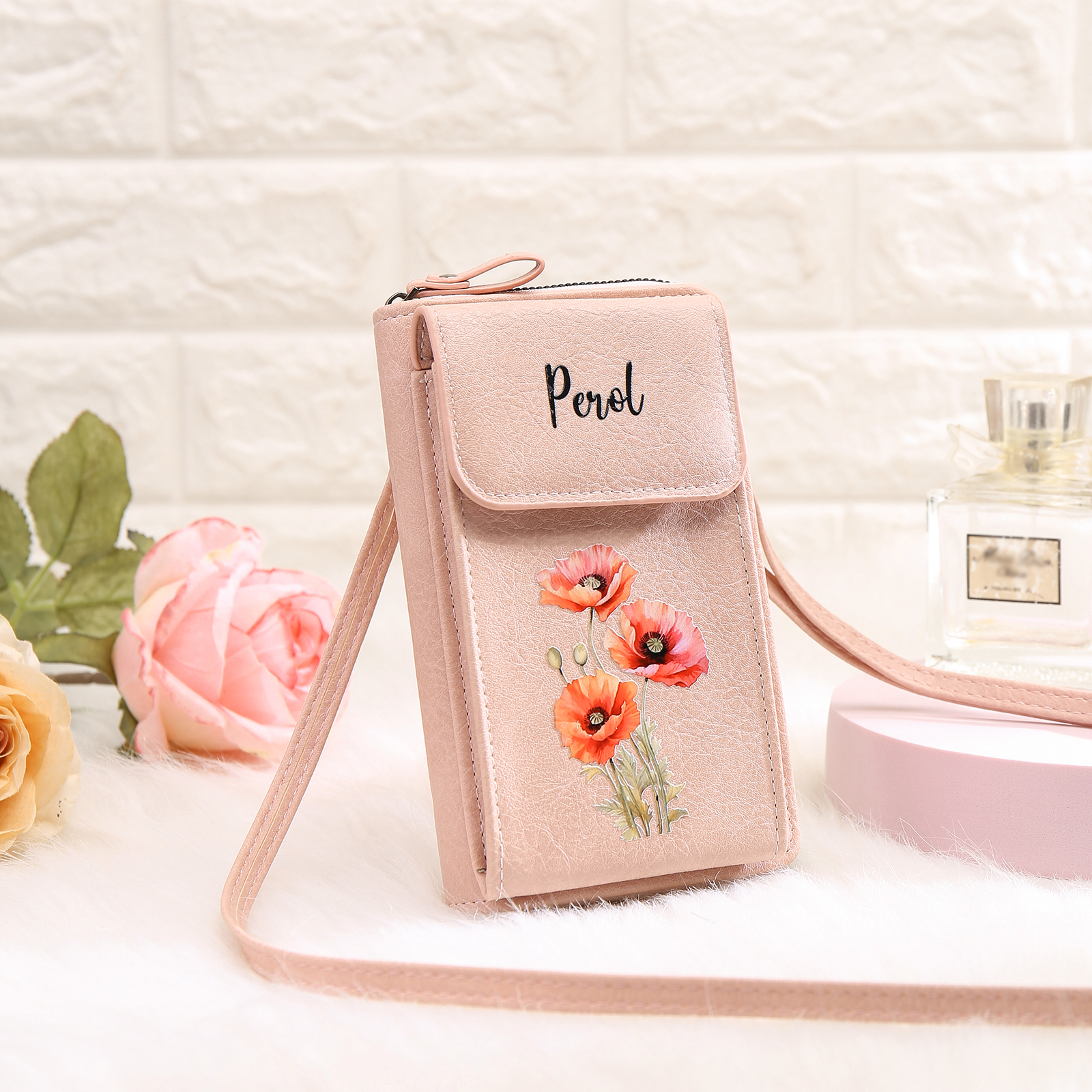 Borsa con tracolla in PU pelle con 1 nome & 1 fiore di nascita personalizzati per donna