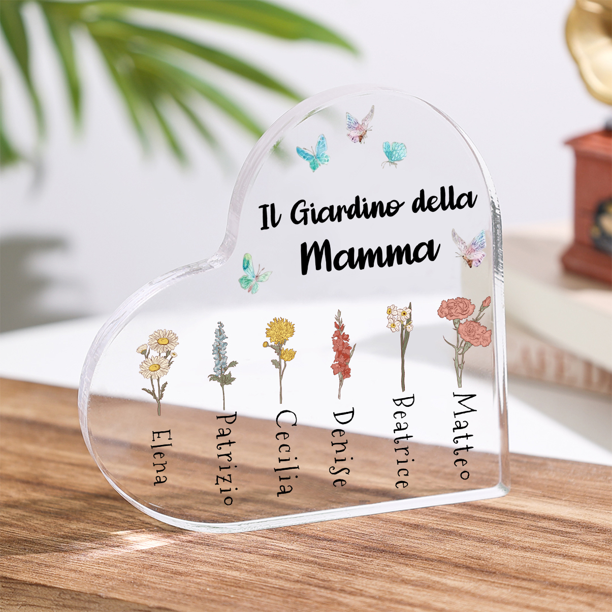 Targa acrilica personalizzata a forma di cuore - giardino della mamma - con 1-6 nomi e fiori di nascita - Regalo per la mamma