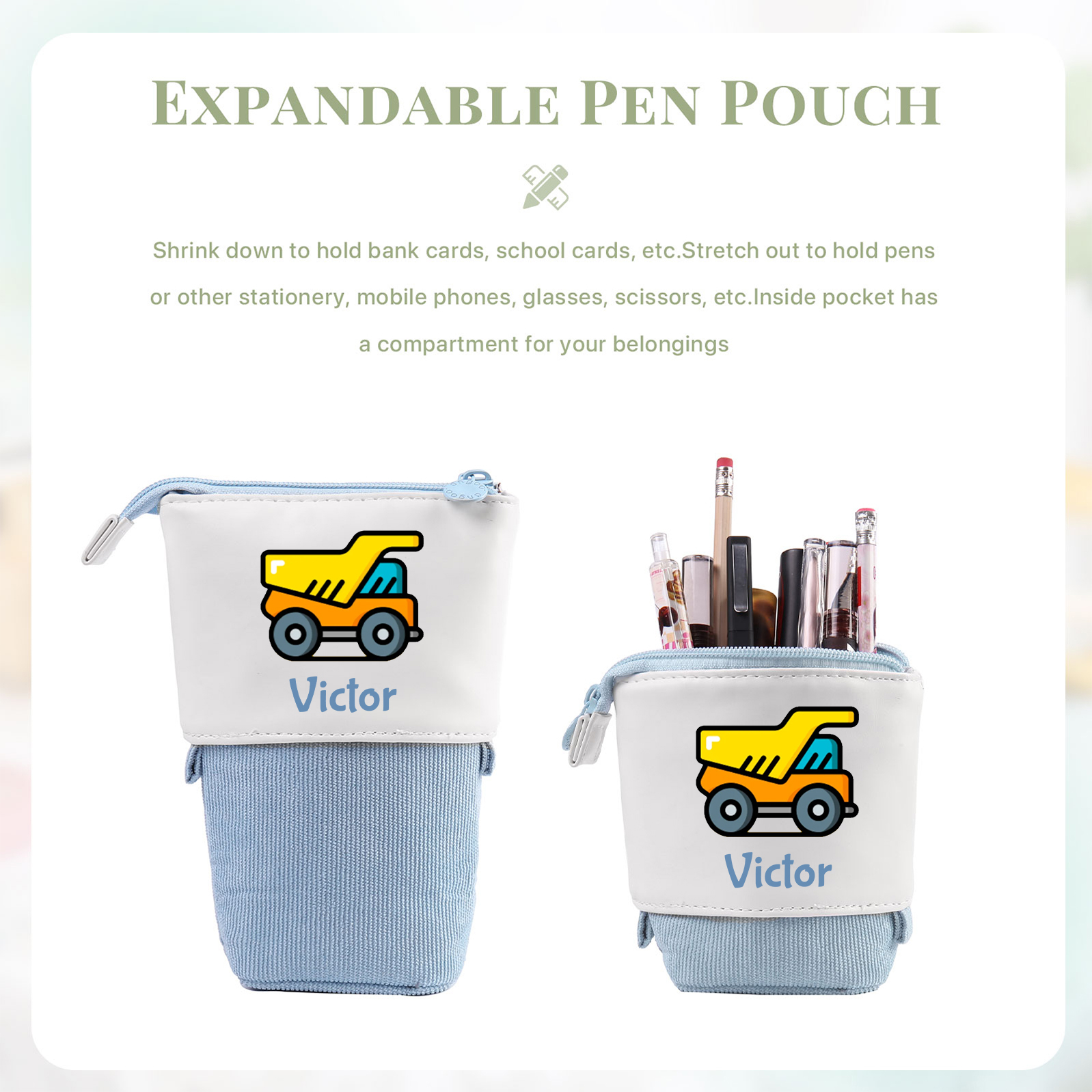 Astuccio per matite personalizzato con 1 nome e 1 veicolo da costruzione regalo per scuola elementare bambini