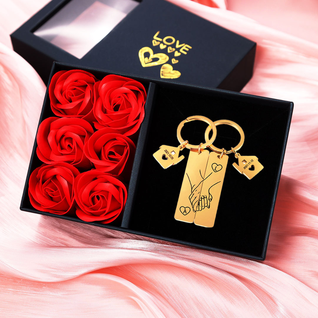 Portachiavi personalizzabile con 2 lettere e data dolce casa 🏠 scatola rosa regalo coppia