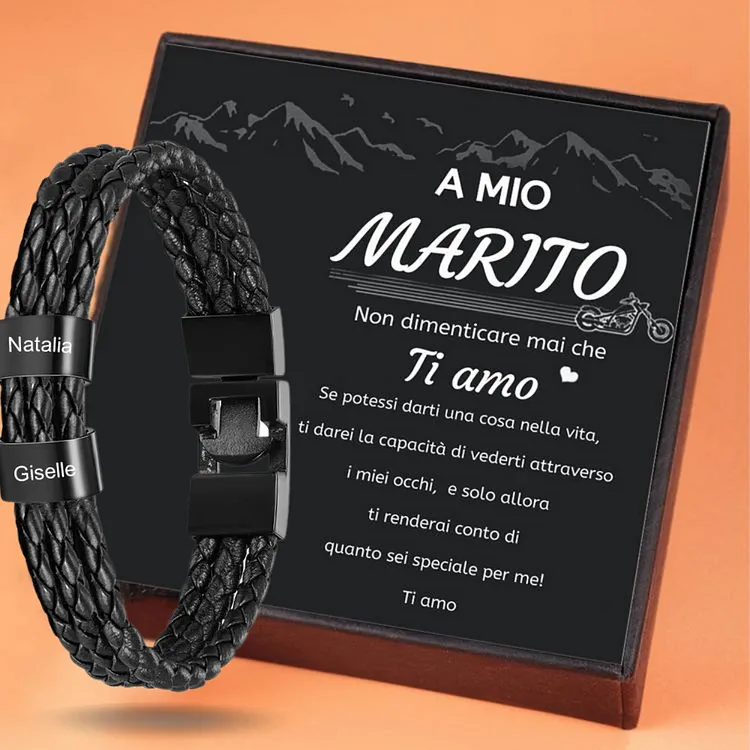 Braccialetto maschile in pelle con 7 nomi personalizzati