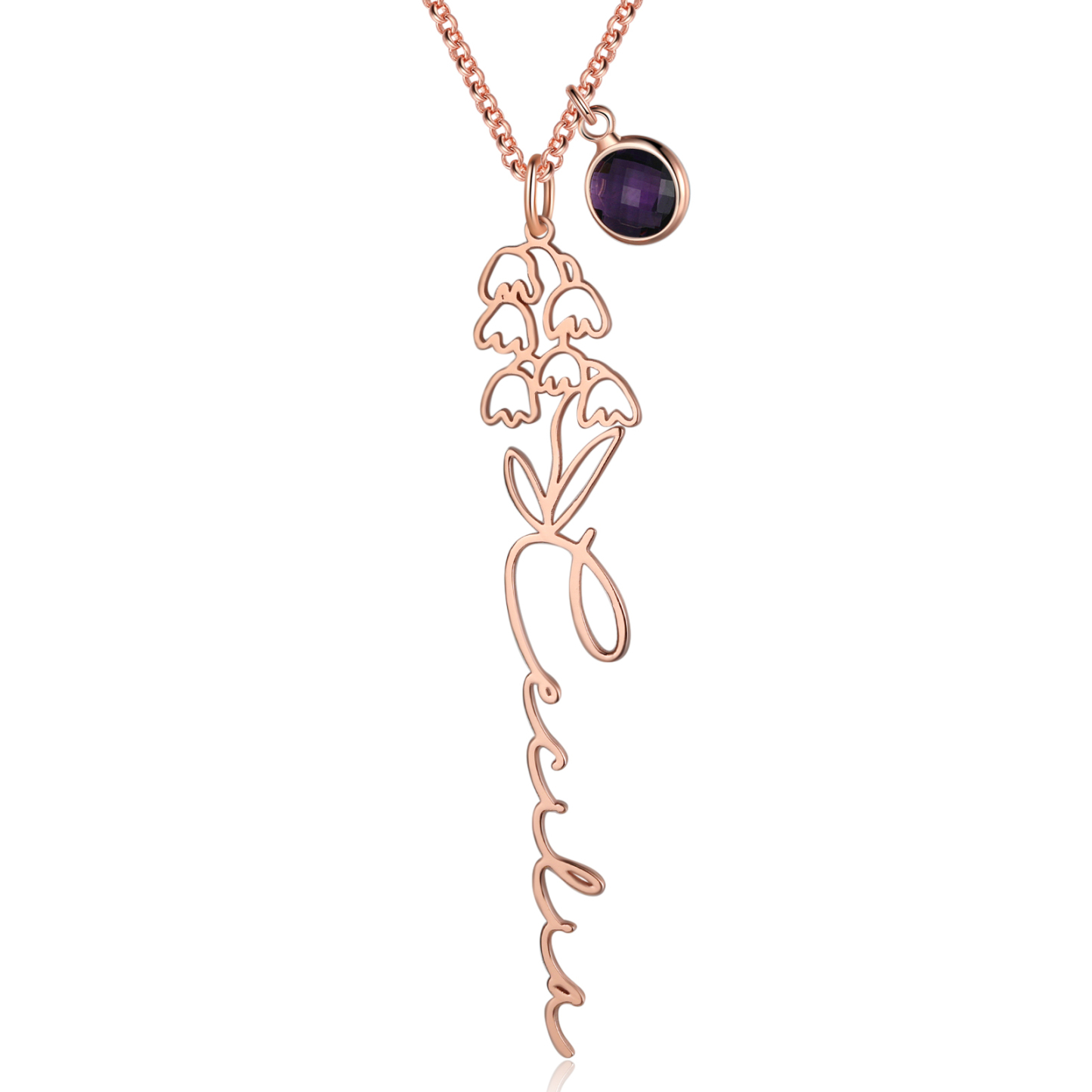 Collana 925 Argento Fiore elegante con 1 pietra di nascita e 1 nome e 1 fiore di nascita personalizzabili per donna