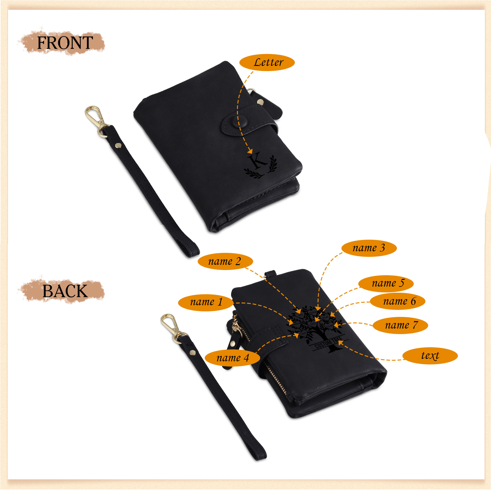 Portafoglio Albero della vita in PU pelle con 7 nomi & 1 testo & 1 lettera personalizzati per donna