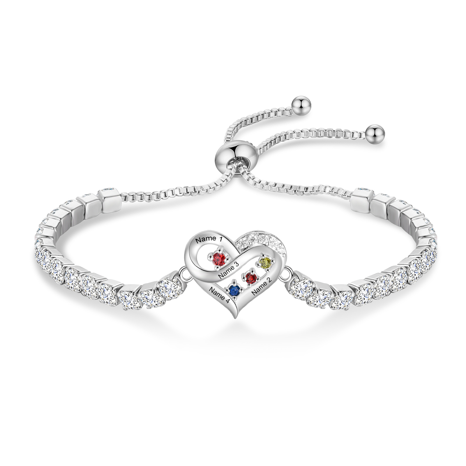 Bracciale da tennis con cuore Infinity personalizzato con 2–4 nomi e pietre di nascita