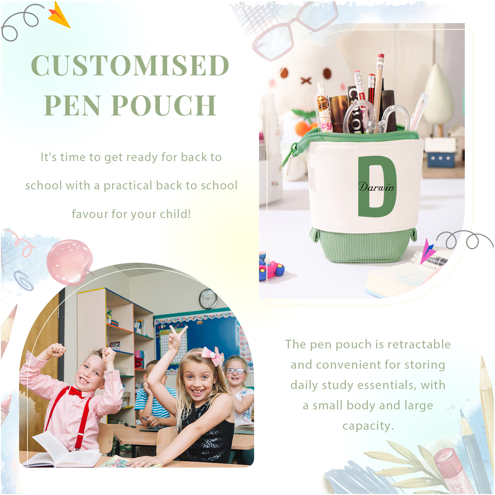 Astuccio per matite personalizzato con 1 nome e 1 lettera regalo per scuola elementare bambini