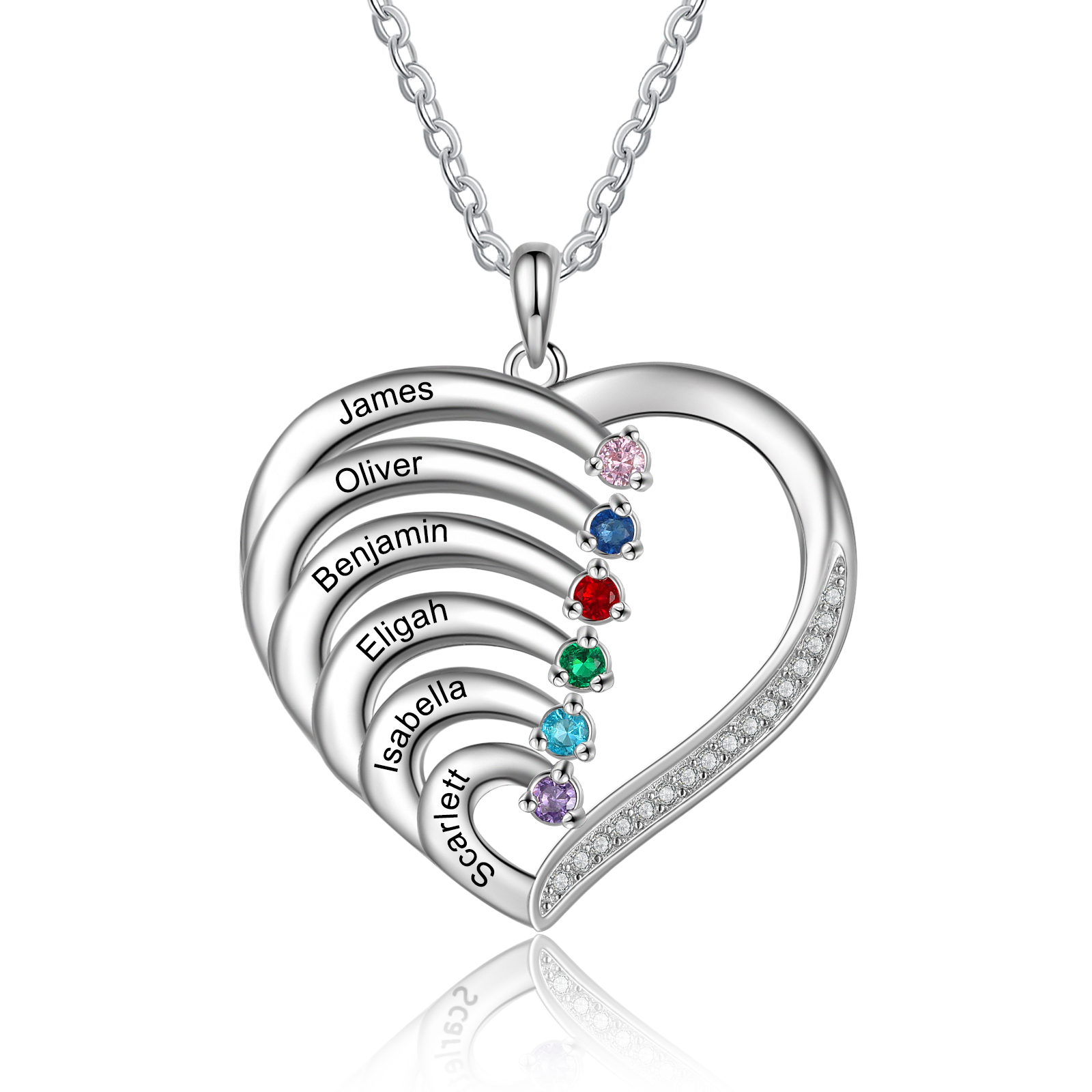 Argento S925 Collana con 6 nomi personalizzati e 6 pietre di nascita in ciondolo a cuore