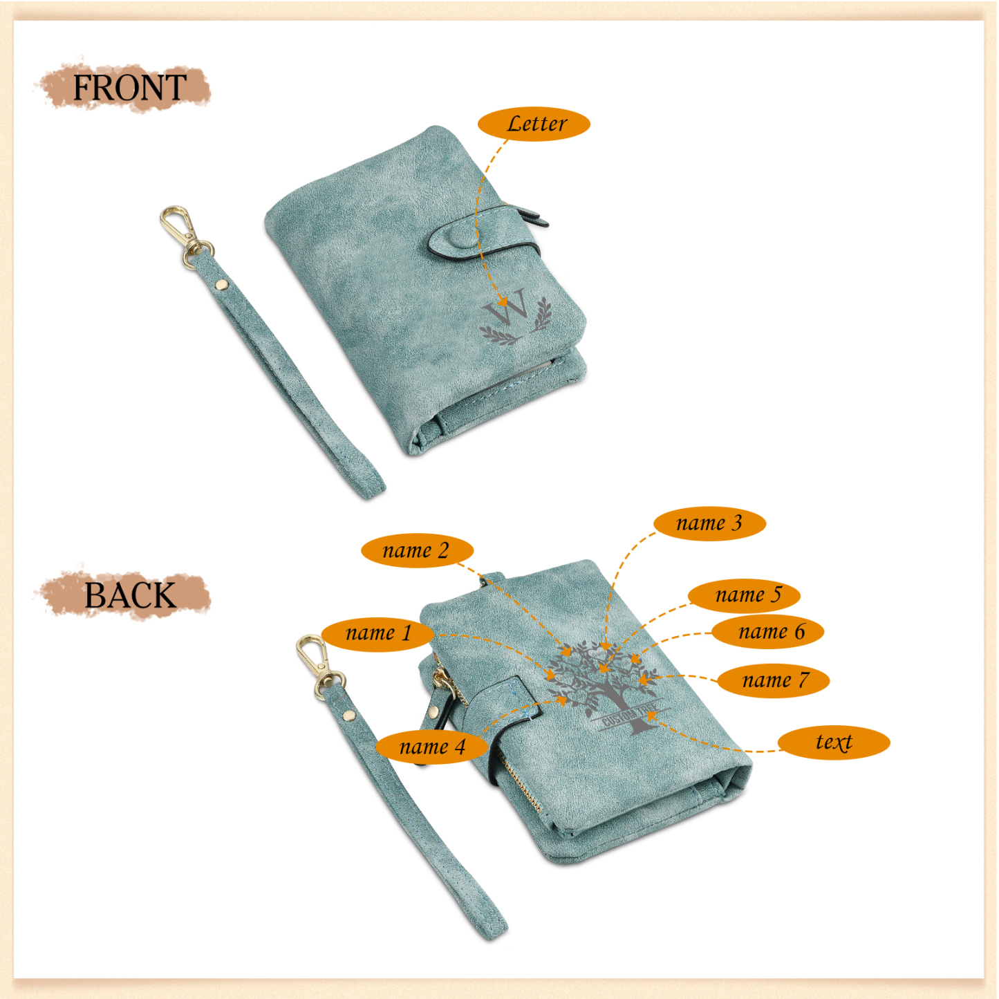 Portafoglio Albero della vita in PU pelle con 7 nomi & 1 testo & 1 lettera personalizzati per donna